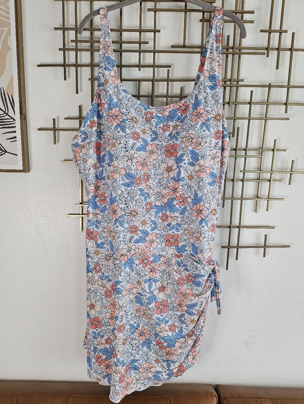 Floral Scoop Neck One-Piece Swimsuit in Coral & Blue
